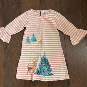 Rare Editions Pink Striped Dress with Blue Trees